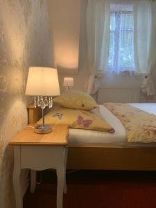 a bed with a table with a lamp on it at Hotel Penzion Trámky in Vikýřovice
