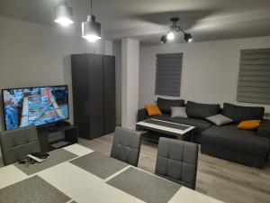 a living room with a couch and a tv at Apartament "U Kasi i Jakuba" in Szklarska Poręba