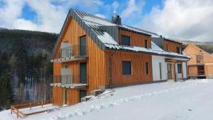 a large wooden building with snow on the ground at Apartmán08 in Dolní Morava
