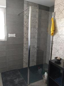 um chuveiro com uma porta de vidro na casa de banho em Maison Les Ecloses em Chailloué