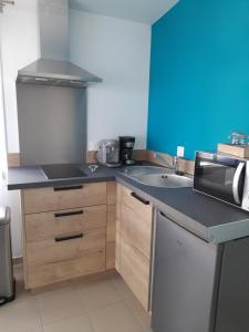 a kitchen with a sink and a microwave at La Pépite de l'océan in Saint-Nazaire