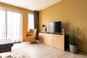 sala de estar con TV de pantalla plana y silla en Appartement De Bosrand, Resort Amelander Kaap, en Hollum