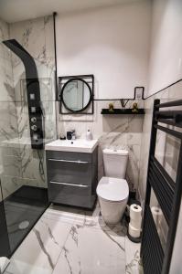 y baño con aseo, lavabo y espejo. en Modern & Cosy apartment in the heart of the historic old town of Aberdeen, free WiFi, free parking, en Aberdeen