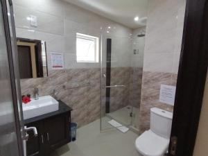 a bathroom with a shower and a toilet and a sink at Jaidss Holiday Apartments 1 in Mahe