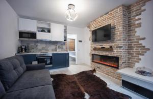 a living room with a couch and a brick fireplace at Studio Rubio in Poiana Brasov