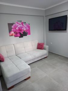 una sala de estar con un sofá blanco y una flor rosa en la pared en Zakynthos Gold House - Appartments, en Tragaki