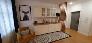 a kitchen with a counter and a chair in a room at Apartamenty SIENKIEWICZA 8 in Żywiec