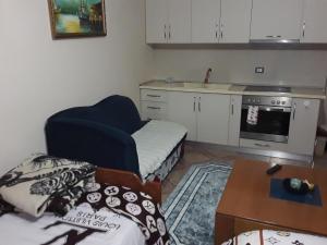 a living room with a couch and a kitchen at Apartament KiÇi Korce in Korçë