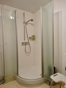 een badkamer met een douche met een glazen wand bij BENVENUTI in Sint-Idesbald