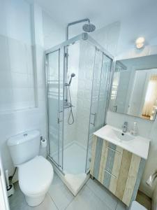 y baño con ducha, aseo y lavamanos. en Apartamento Soho centro malaga, en Málaga