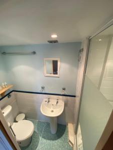 a bathroom with a toilet and a sink and a shower at White Moon Hotel in Blackpool