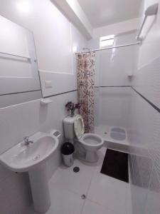 La salle de bains blanche est pourvue de toilettes et d'un lavabo. dans l'établissement Qente Wings, à Ollantaytambo