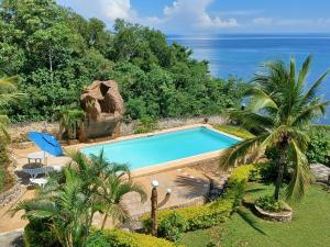 a swimming pool with the ocean in the background at Villa Camotes in Camotes Islands