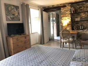 a bedroom with a bed and a television and a table at Le Balcon Commingeois in Chein-Dessus