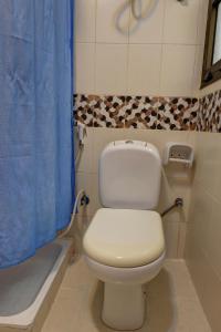 baño con aseo y cortina de ducha azul en Oasis Deira Hotel, en Dubái