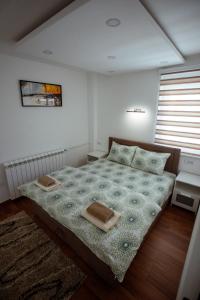 新瓦羅許的住宿－Apartman Vesna，一间卧室配有一张床,上面有两条毛巾