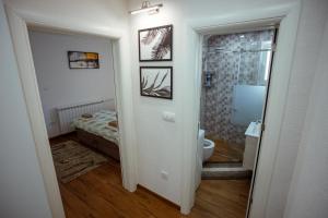 a room with a bathroom with a bed and a toilet at Apartman Vesna in Nova Varoš
