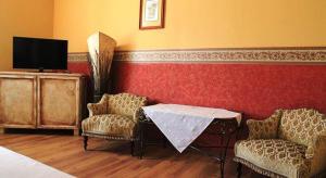 Pokój ze stołem, 2 krzesłami i telewizorem w obiekcie Hotel *** Plauter Kúria w mieście Veľký Meder