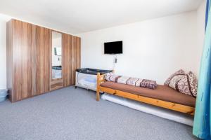 a bedroom with a bed and a tv on a wall at Ferienwohnung Zillertalblick in Stummerberg