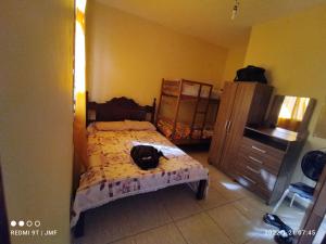 a bedroom with a dog laying on a bed at APARTAMENTO PIUMA in Piúma