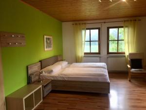ein grünes Schlafzimmer mit einem Bett und einem Stuhl in der Unterkunft Gästehaus & Ferienhof Hüfner in Speicherz