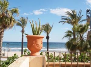 een grote oranje pot op een muur bij het strand bij Salou 2 · House2 garden in front of the beach - Ferrari Land in Salou