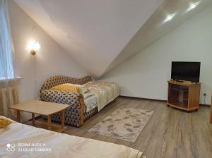 a attic room with a couch and a tv at Славутич in Polyana