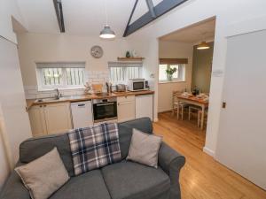 sala de estar con sofá y cocina en Dinefwr Cottage, en Carmarthen
