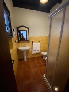 bagno con lavandino, servizi igienici e specchio di CASA KIKA ROCIO a El Rocío