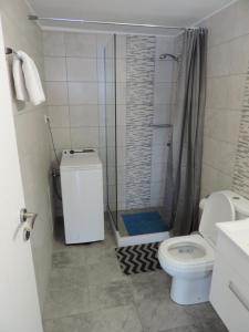 a bathroom with a shower and a toilet in it at Splendide Apartments in Agios Nikolaos