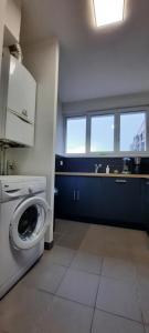 een badkamer met een wasmachine en een wastafel bij Appartement Entre terre et mer in Duinkerke