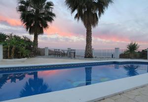 a swimming pool with palm trees and a sunset at Stunning Villa near Velez-malaga in Arenas +19 photos