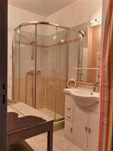 La salle de bains est pourvue d'une douche et d'un lavabo. dans l'établissement Confortable appartement à 700m de la plage de Valras !, à Valras-Plage