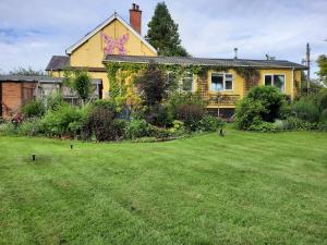 żółty dom z trawnikiem przed nim w obiekcie Cerdyn Villa w mieście Llanwrtyd Wells
