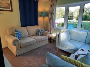 uma sala de estar com um sofá e uma cadeira em Cerdyn Villa em Llanwrtyd Wells