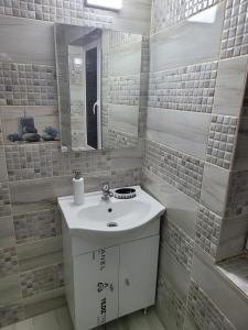 La salle de bains est pourvue d'un lavabo et d'un miroir. dans l'établissement Casa dintre munti, à Novaci-Străini
