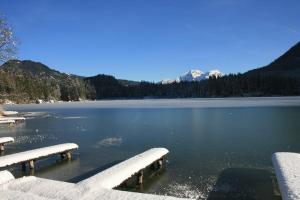 a view of a lake with snow covered benches at Gasthaus-Pension Seeklause in Ramsau