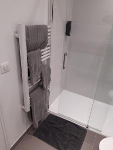 uma casa de banho com chuveiro e toalhas na parede em Appartement de charme DISNEYLAND PARIS - Nidouest em Chanteloup En Brie