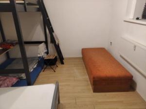 a small room with a bunk bed and a ladder at Economy flat 18 minutes from Vaclavske namesti in Prague