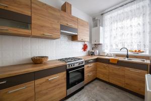 a kitchen with wooden cabinets and a stove top oven at Apartament Miodownik in Międzylesie