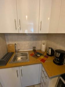 uma cozinha com um lavatório e uma bancada em cozy apartment em Volos