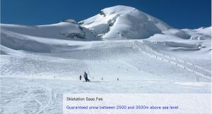 eine Gruppe von Menschen, die einen schneebedeckten Berg hinunterfahren in der Unterkunft Hotel Restaurant Mattmarkblick in Saas-Almagell