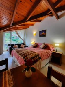 a bedroom with a large bed in a room with wooden ceilings at Studio Bariloche in San Carlos de Bariloche