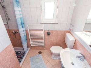 e bagno con servizi igienici, lavandino e doccia. di Apartments Emil a Brseč (Bersezio)