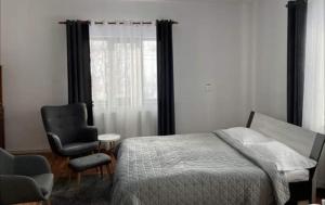 a bedroom with a bed and a chair and a window at Pensiunea Casa Eden in Mărişel