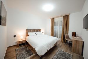 新帕扎爾的住宿－Zlatna Nit，卧室配有一张白色大床和一张书桌