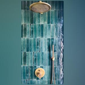 an overhead view of a shower with blue tiles at Home Sweet Home in Cognac