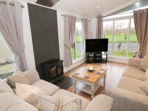 a living room with couches and a fireplace and a television at Lodge 4 - Glendoig in Perth