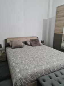 a bedroom with a large bed with a wooden headboard at Harmonie 2 chambres parking et wifi gratuits in Charleroi