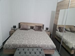 a bedroom with a large bed and mirrors at Harmonie 2 chambres parking et wifi gratuits in Charleroi